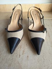 Γόβα εξώφτερνη μαύρη, δέρμα + ύφασμα πέδιλα heels Καλογήρου. Ακριβές - πραγματικό νούμερο 38,5 (Kalogirou 37,5)