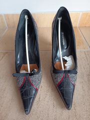 Γόβα δέρμα + ύφασμα high heels Καλογήρου στιλέτο - ακριβές / πραγματικό νούμερο 38,5 (Kalogirou 37,5)