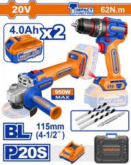 Wadfow WCK20273E Σετ Δραπανοκατσάβιδο Κρουστικό & Γωνιακός Τροχός Μπαταρίας Li-ion 20V / 4Ah / 2 Μπαταρίες