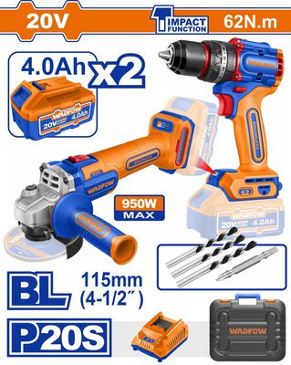 Wadfow WCK20273E Σετ Δραπανοκατσάβιδο Κρουστικό & Γωνιακός Τροχός Μπαταρίας Li-ion 20V / 4Ah / 2 Μπαταρίες