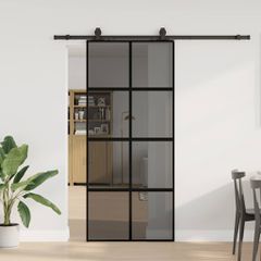 Συρόμενη πόρτα με σετ υλικού Μαύρο 90x205 cm γυαλί μετριασμένο 3375896