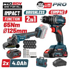 BORMANN PRO BBP5433X44T2CA ΣΕΤ Δραπανοκατσάβιδο Κρουστικό Μπαταρίας 65Nm + Γωνιακός Τροχός Μπαταρίας Φ125mm 20V Li-Ion Brushless με 47 Εξαρτήματα + 2x4Ah Μπαταρίες ( 083269 )