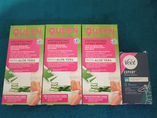 3 Queen Epile waxing strips with 20 waxing strips & 4 skin wipes for each of 3. Gift Veet.