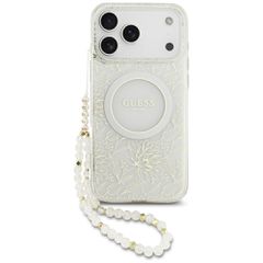 Guess IML Flowers Electro Pearl Strap MagSafe Case for iPhone 17 Pro Max - White
