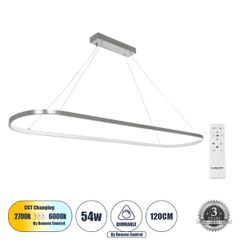 Κρεμαστό Φωτιστικό Οροφής LED 54W 6210lm 360° AC 220-240V IP20 Ρυθμιζόμενο Λευκό CCT με Χειριστήριο από 2700K έως 6000K Dimmable - Lumileds SMD Chip - Νίκελ Βούρτσας - Μ120 x Π30 x Υ2cm - 3 Χρόνια Εγγ