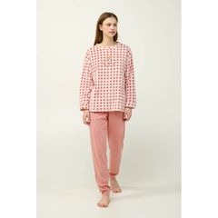 Vamp Γυναικεία Χειμερινή Πυτζάμα Fleece Με Μανσέτες Ροζ Καρό
