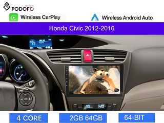 Honda Civic (2012-2016) Android οθόνη 9" 2+64GB Ασύρματο CarPlay & Aσύρματο Android Auto GPS  WiFi EQ