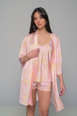 Σατέν Φλοράλ Σετ Babydoll με Ρόμπα Ροζ