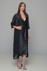 Σετ Μάξι Σατέν Φόρεμα με String και Διάφανο Κιμονό Μαύρο-thumb-1