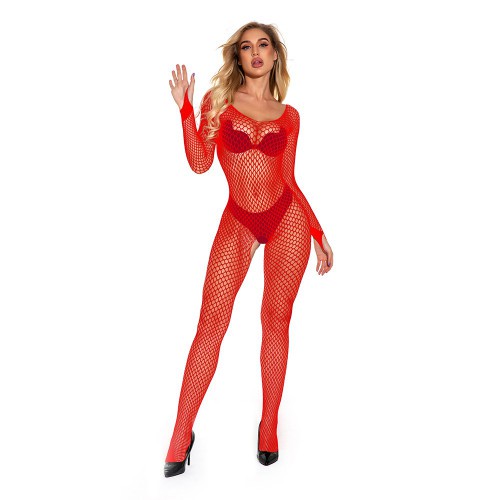 Alluring Red Fishnet Bodysuit with Long Sleeves
