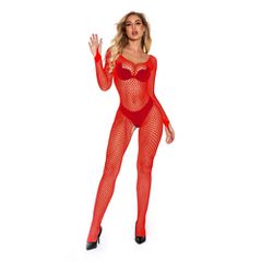 Alluring Red Fishnet Bodysuit with Long Sleeves