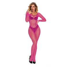 Alluring Pink Fishnet Bodysuit with Long Sleeves O/S