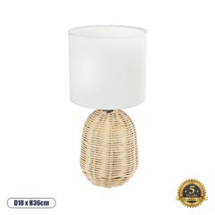 Boho Επιτραπέζιο Φωτιστικό Πορτατίφ Μονόφωτο 1 x E27 AC220-240V IP20 - Φ18 x Υ36cm - Μπεζ Ξύλινο Ρατάν Πλέγμα με Λευκό Καπέλο