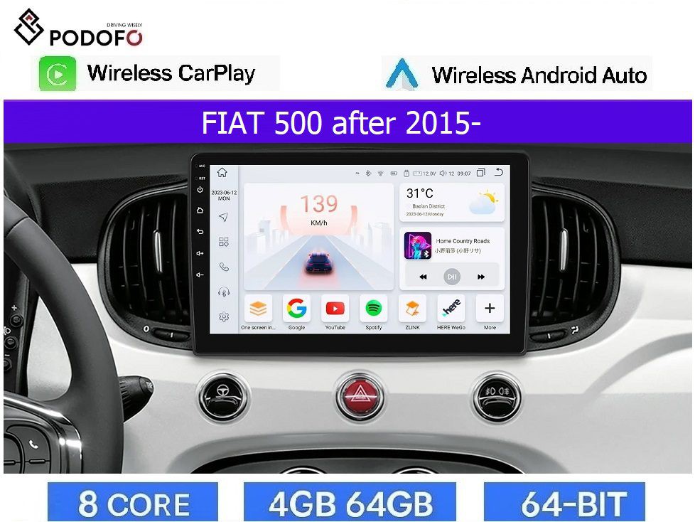 Fiat 500 μετά το 2015 Android Car Radio 9" 4+64GB 8-Core Ασύρματο CarPlay & Aσύρματο Android Auto GPS  WiFi DSP FM/RDS