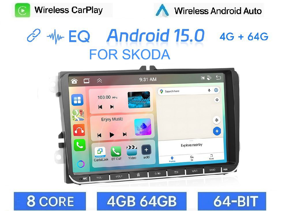 Skoda Fabia (2007-2015) 9" Οθόνη Android Car Radio Navigation | 4GB+64GB | 8-Core | Ασύρματο CarPlay & Aσύρματο Android Auto | GPS | WiFi | EQ | HiFi | FM/RDS
