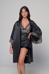 Σατέν Σετ Babydoll και Ρόμπα Μαύρο