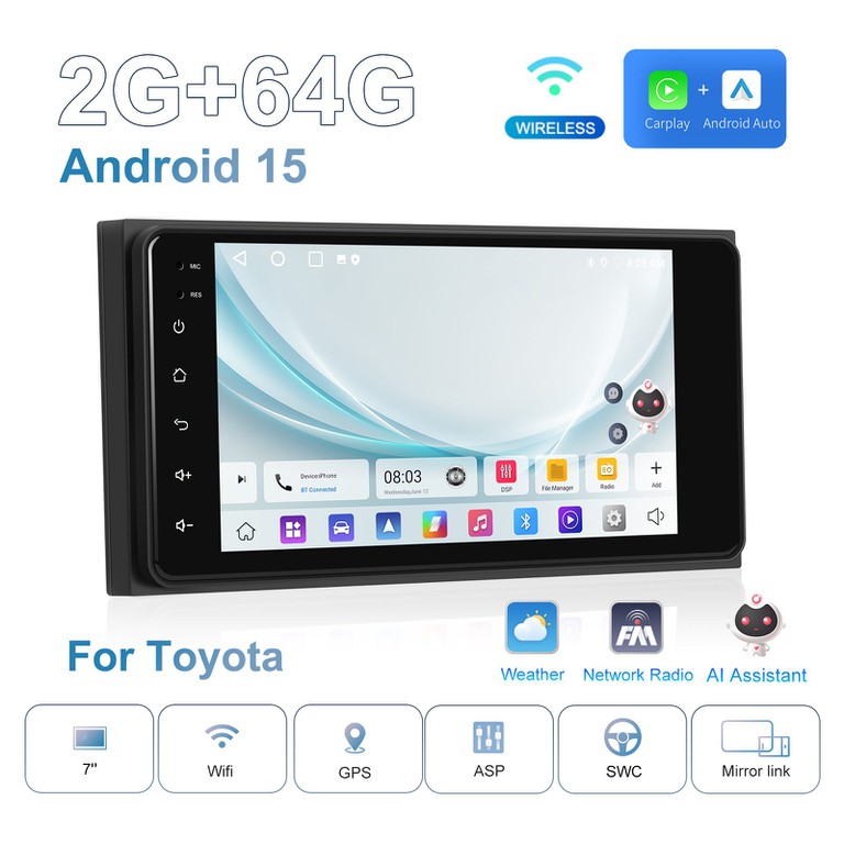 Οθόνη 7” Podofo Android 15 για TOYOTA RAV4 (2000-2006) | 2GB+64GB | Wireless CarPlay & Android Auto | GPS | ASP | EQ | WiFi