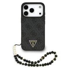 Θήκη PU Guess Apple iPhone 17 Pro Max Hardcase Classic Logo Triangle 4G με Pearl Strap Μαύρο