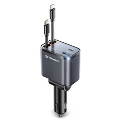 Techsuit NanoVoltX (C1) – Premium Type-C Φορτιστής Αυτοκινήτου 69W με Αναδιπλούμενα Καλώδια USB-C & Lightning, PD30W, QC, Περιστροφή 180° – Γκρι