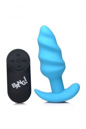 21X Vibrating Silicone Tornado Swirl Butt Plug with Remote - Blue