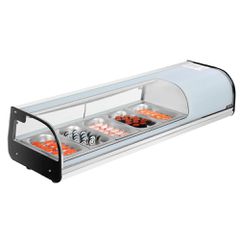 Βιτρίνα Σούσι VEVOR, Ψυγείο Sushi 52L, Επιτραπέζια Βιτρίνα 5 Τηγανιών με Καμπύλο Γυαλί, Φωτισμό LED και Ψηφιακό Έλεγχο Θερμοκρασίας, για Πάγκο Sushi-Bar, Εστιατόριο, Κατάστημα
