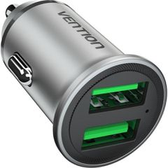VENTION 2-Port USB (A+A) Car Charger (18W/18W) Gray Mini Style Aluminum Alloy Type (FFAH0) (VENFFAH0)
