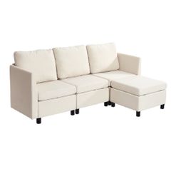 Καναπές VEVOR Modular, Τριθέσιος καναπές με κρυφό αποθηκευτικό χώρο, Καναπές Cloud με σκαμπό και σφουγγάρι υψηλής αναπήδησης, Καναπές με ταπετσαρία από μασίφ ξύλο για σαλόνι, υπνοδωμάτιο, μπεζ