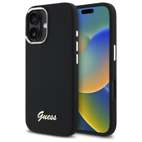 Guess Silicone Script Metal Logo & Frame Case for iPhone 16 - Black