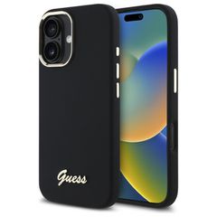 Guess Silicone Script Metal Logo & Frame Case for iPhone 16 - Black