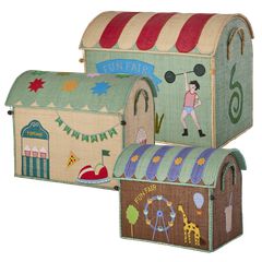 Rice - Raffia Toy Baskets with Fun Fair Theme - Blue - Set of 3, / Baby and Children