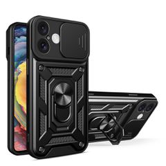 Hybrid Armor Camshield iPhone 16 Armored Case with Camera Cover and Stand - Black