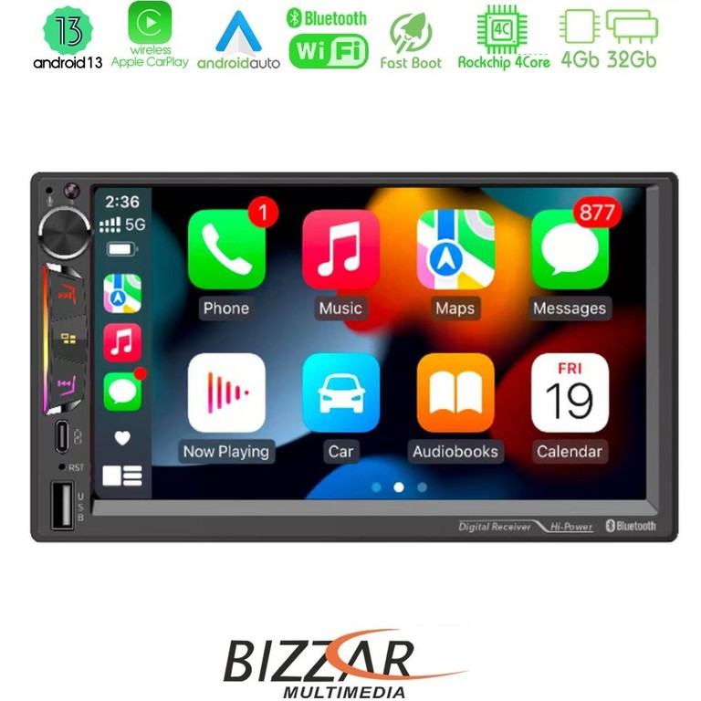 Bizzar 2DIN Deck 4core Android13 4+32GB Navigation Multimedia Deckless 7 με Carplay/AndroidAuto | Pancarshop