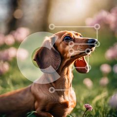 Intra Συλλεκτικό Ξύλινο Παζλ Plywood 4mm - Περίεργος καφέ Dachshund σκύλος σε γρασίδι με ροζ λουλούδια Σε Ξύλινο Κουτί - Διαστάσεις: 10x10 cm – 25 κομμάτια
