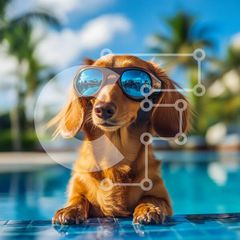 Intra Συλλεκτικό Ξύλινο Παζλ Plywood 4mm - Σκύλος Dachshund με γυαλιά ηλίου δίπλα στην πισίνα Σε Ξύλινο Κουτί - Διαστάσεις: 10x10 cm – 25 κομμάτια