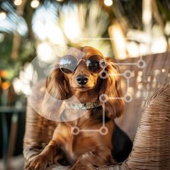 Intra Συλλεκτικό Ξύλινο Παζλ Plywood 4mm - Σκύλος Dachshund με γυαλιά ηλίου που χαλαρώνει σε μια ψάθινη καρέκλα Σε Ξύλινο Κουτί - Διαστάσεις: 10x10 cm – 25 κομμάτια
