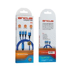 Καλώδιο Φόρτισης Ancus Flow Plus E54 USB 3 σε 1 Micro-USB, USB-C, Lightning 2.0A με Braided Καλώδιο Μπλε 1μ. Με 5 Χρονια Εγγύηση