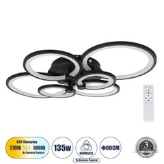 Φωτιστικό Οροφής Design LED ROYAL-R CCT 135W 16200lm 360° AC 220-240V - Εναλλαγή Φωτισμού μέσω Τηλεχειριστηρίου All In One - Μαύρο
