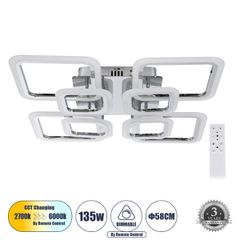 Φωτιστικό Οροφής Design LED ROYAL-S CCT 135W 16200lm 360° AC 220-240V - Εναλλαγή Φωτισμού μέσω Τηλεχειριστηρίου All In One - Νίκελ Χρώμιο