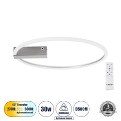 Φωτιστικό Οροφής Δαχτυλίδι-Κύκλος LED CINDERELLA CCT 30W 3360lm 360° AC 220-240V - Εναλλαγή Φωτισμού μέσω Τηλεχειριστηρίου All In One- Χρώμιο Νικελ