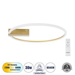 Φωτιστικό Οροφής Δαχτυλίδι-Κύκλος LED CINDERELLA CCT 30W 3360lm 360° AC 220-240V - Εναλλαγή Φωτισμού μέσω Τηλεχειριστηρίου All In One - Χρυσό Βούρτσας