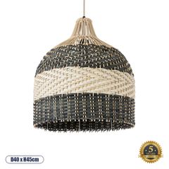 Boho Κρεμαστό Φωτιστικό BARBADOS Μονόφωτο 1 x E27 AC220-240V IP20 - Φ40 x Υ45cm - Μπεζ με Χακί Ξύλινο Μπαμπού Πλέγμα Καμπάνα