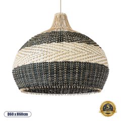 Boho Κρεμαστό Φωτιστικό BARBADOS Μονόφωτο 1 x E27 AC220-240V IP20 - Φ60 x Υ60cm - Μπεζ με Χακί Ξύλινο Μπαμπού Πλέγμα Καμπάνα