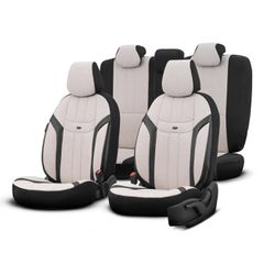 AMiO - Καλύμματα Καθισμάτων OTOM Swan 503 Beige Μαύρο/Μπεζ Λινό Ύφασμα και Δερματίνη για Μπροστινά και Πίσω Καθίσματα με 5 Προσκέφαλα - 1 Σετ (OT86753/AM)