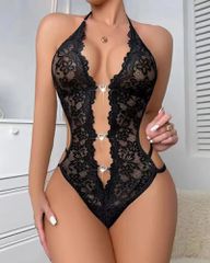 Sexy Heart-Shaped Lace Bodysuit Black