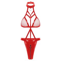 Patent Leather Hollow Chain One-Piece Sexy Bodysuit Red os
