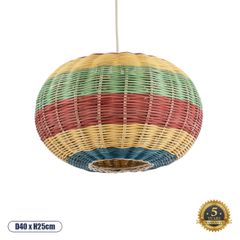 Boho Κρεμαστό Φωτιστικό CABALLEROS Μονόφωτο 1 x E27 AC220-240V IP20 - Φ40 x Υ25cm - Πράσινο με Κίτρινο και Μπλε με Κόκκινο Ξύλινο Μπαμπού Πλέγμα