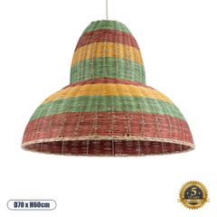 Boho Κρεμαστό Φωτιστικό CABALLEROS Μονόφωτο 1 x E27 AC220-240V IP20 - Φ70 x Υ60cm - Πράσινο με Κίτρινο και Μπεζ με Κόκκινο Ξύλινο Μπαμπού Πλέγμα Καμπάνα