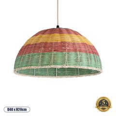 Boho Κρεμαστό Φωτιστικό CABALLEROS Μονόφωτο 1 x E27 AC220-240V IP20 - Φ40 x Υ20cm - Πράσινο με Κίτρινο και Κόκκινο Ξύλινο Μπαμπού Πλέγμα Καμπάνα