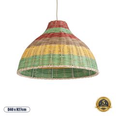 Boho Κρεμαστό Φωτιστικό CABALLEROS Μονόφωτο 1 x E27 AC220-240V IP20 - Φ40 x Υ27cm - Πράσινο με Κίτρινο και Μπεζ με Κόκκινο Ξύλινο Μπαμπού Πλέγμα Καμπάνα