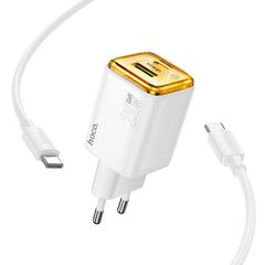 HOCO (N52) Φορτιστής USB-C & USB-A και Καλώδιο USB-C - USB-C 20W Power Delivery / Quick Charge 3.0 - Λευκό
